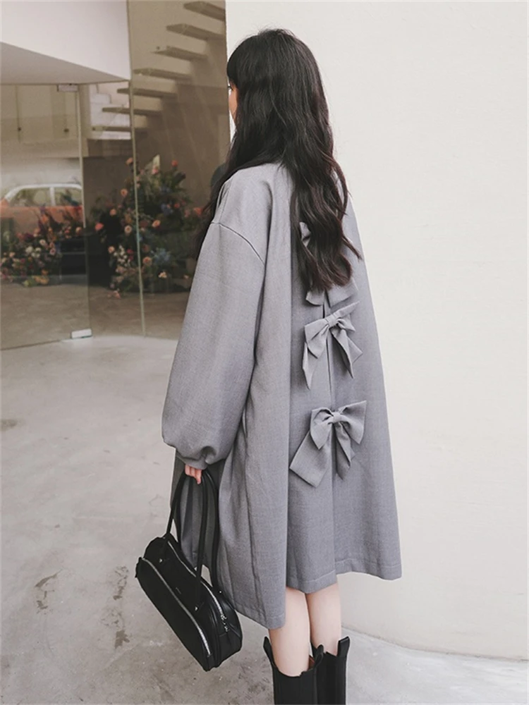

Back Bow Spliced Single Breasted Gray Trench Coat 2022 Autumn Women Elegant Japan Style Sweet Loose Long Jacket Windbreaker 6693