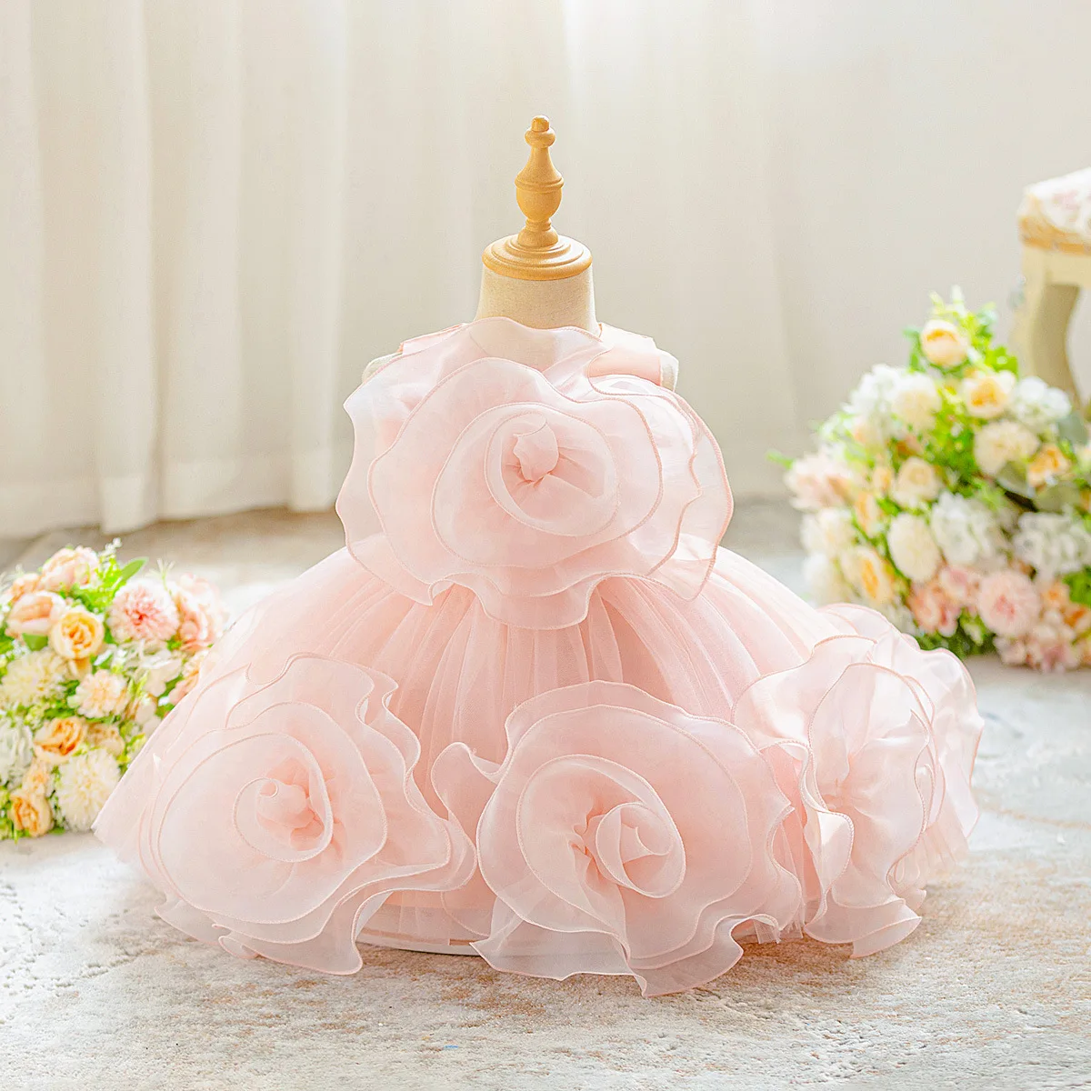 Toddler Girl 1st Birthday Party Gown Baby Girl Stage Performance Costume Summer Little Girl Pink Gown Luxury Photography Sets 3