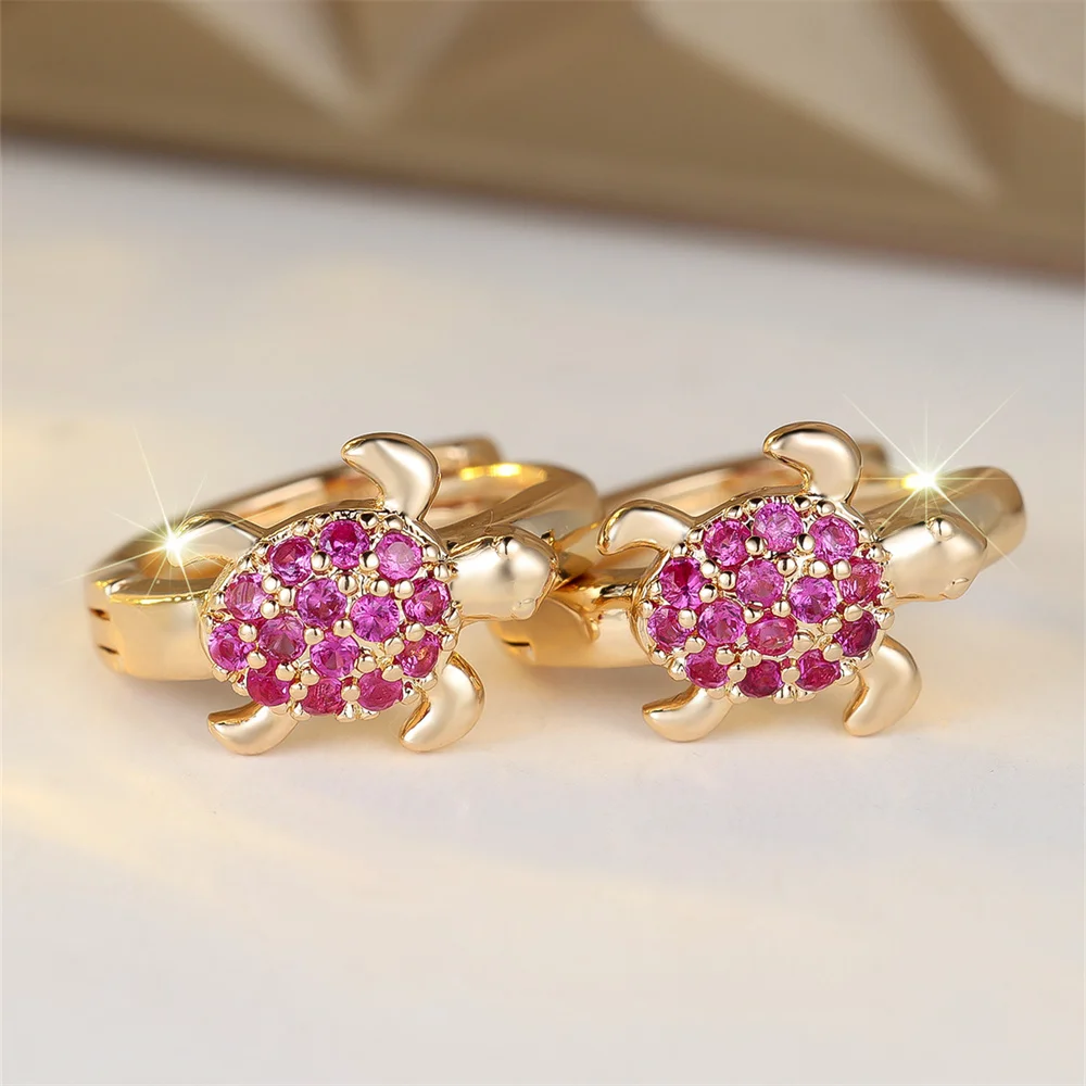 Cute Sea Turtle Rose Red Zircon Hoop Earrings For Women Vintage Gold Color Small Ear Buckle Wedding Jewelry Mother's Day Gifts