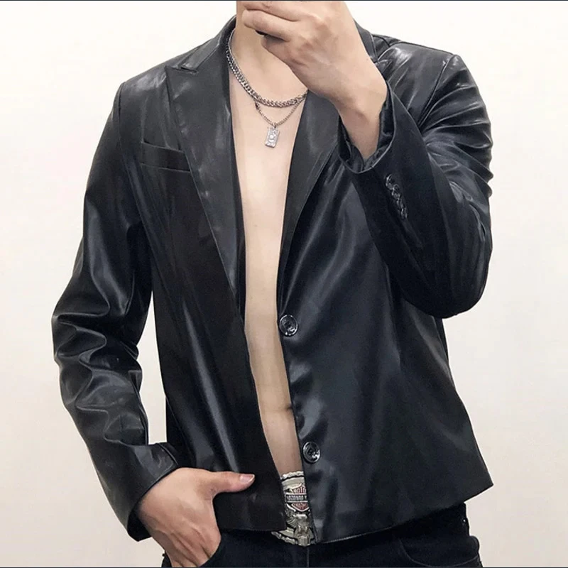 

2023 New Leather Suit Men's Short Suit Motorcycle Jacket Plus Large Stage Performance Clothing Shinny Urbane Solid Men Blazer