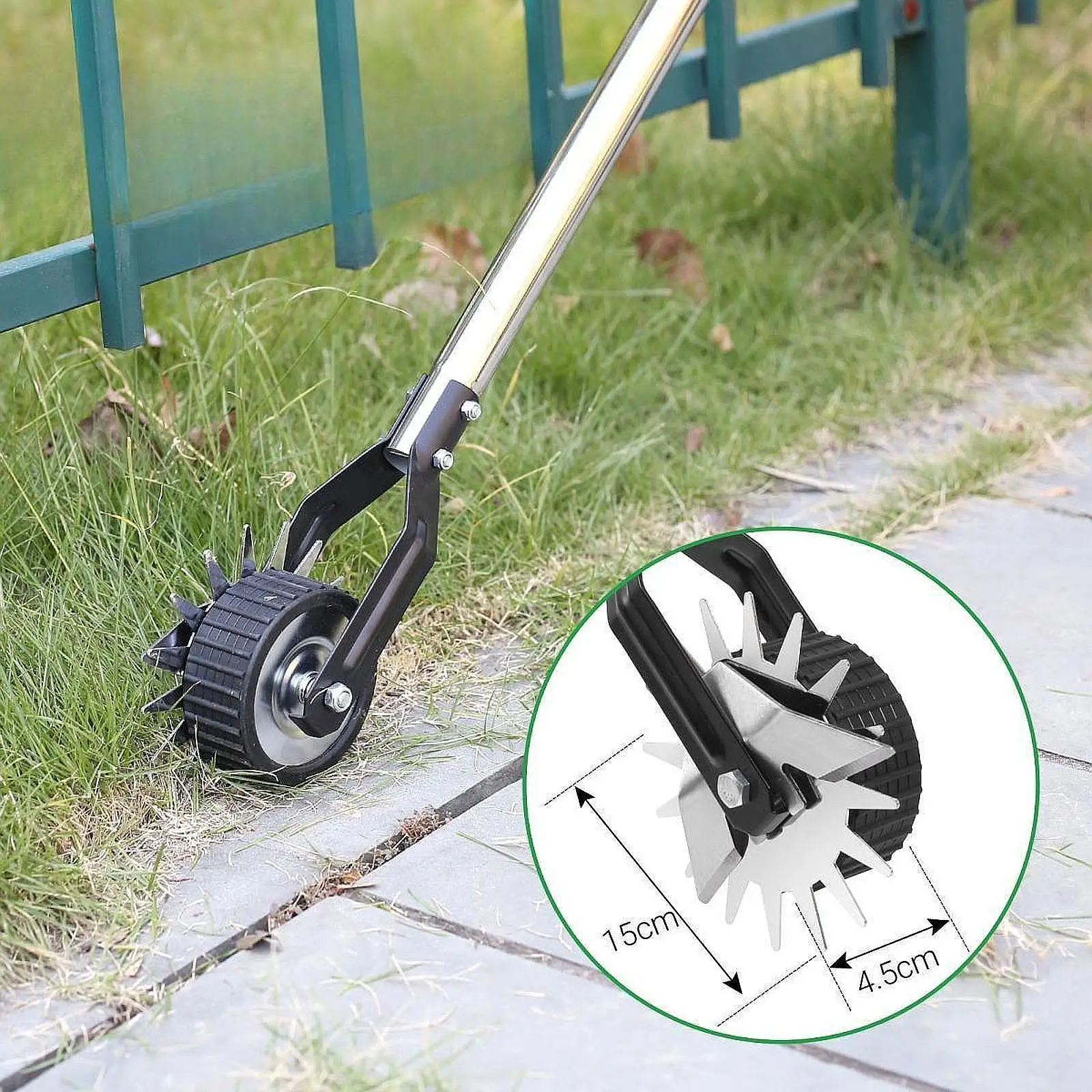 Manual Lawn Edger Long Handle 3 Sections Rod Grass Edger Wheel Rotary Edger for Park Flower Beds Courtyards Outdoor Driveways 4
