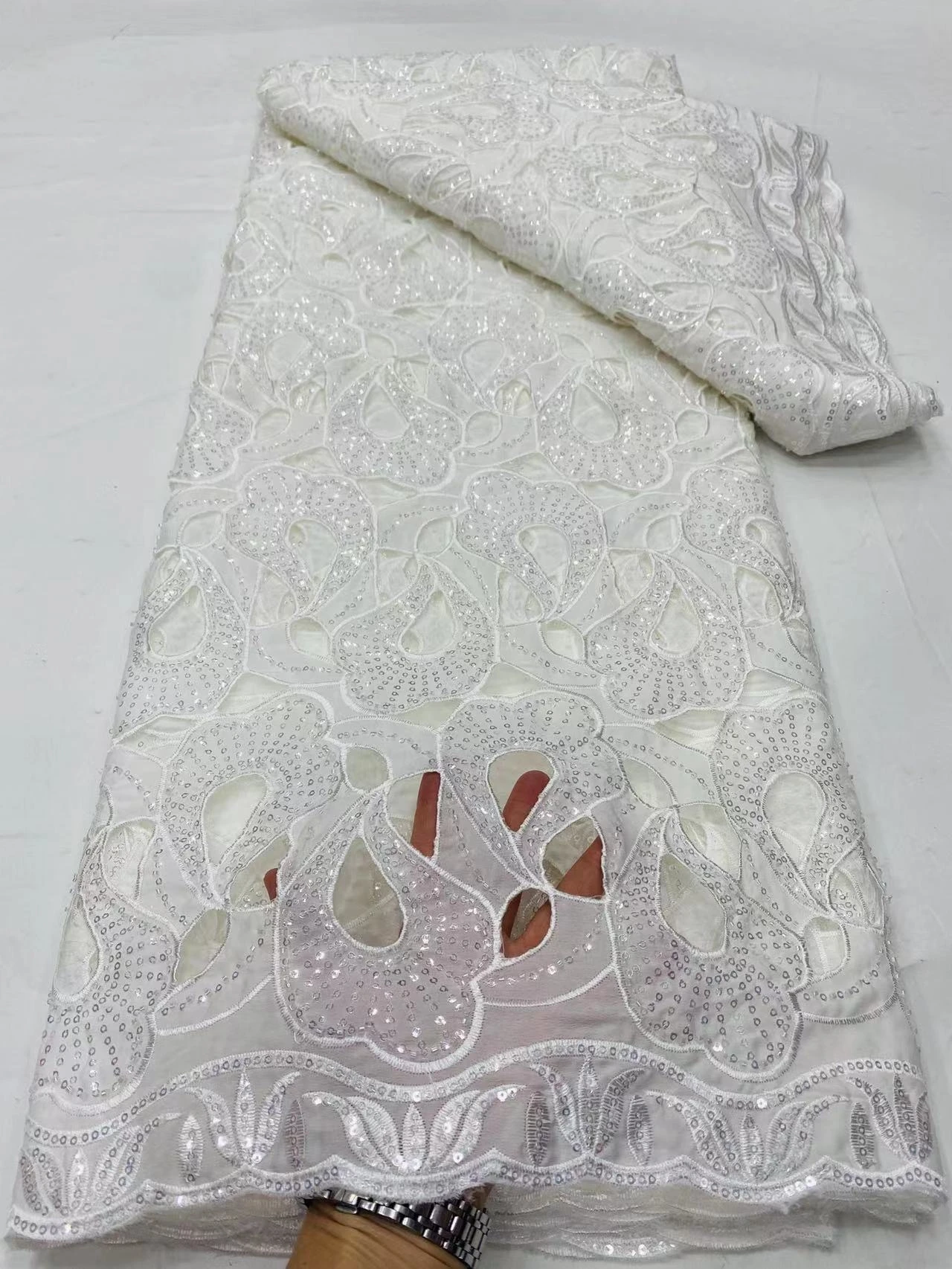

2024African Nigeria Fashion Lace Fabric High Quality Pure Embroidery Party Wedding Tulle Dress Cotton Damask White 5Yard