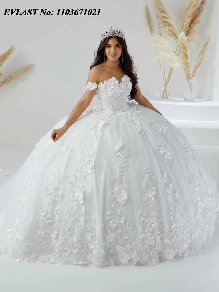 

EVLAST Mexican White Quinceanera Dress Ball Gown Off Shoulder 3D Floral Applique Beads Corset Sweet 16 Vestidos De XV Anos SQ325