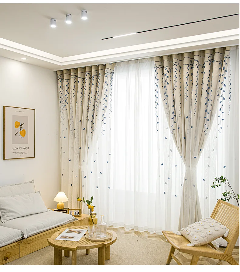 Curtains for Living Room Dining Bedroom New Pastoral Modern Style Cloth Yarn Integrated Blackout Balcony Splicing Curtains-xj