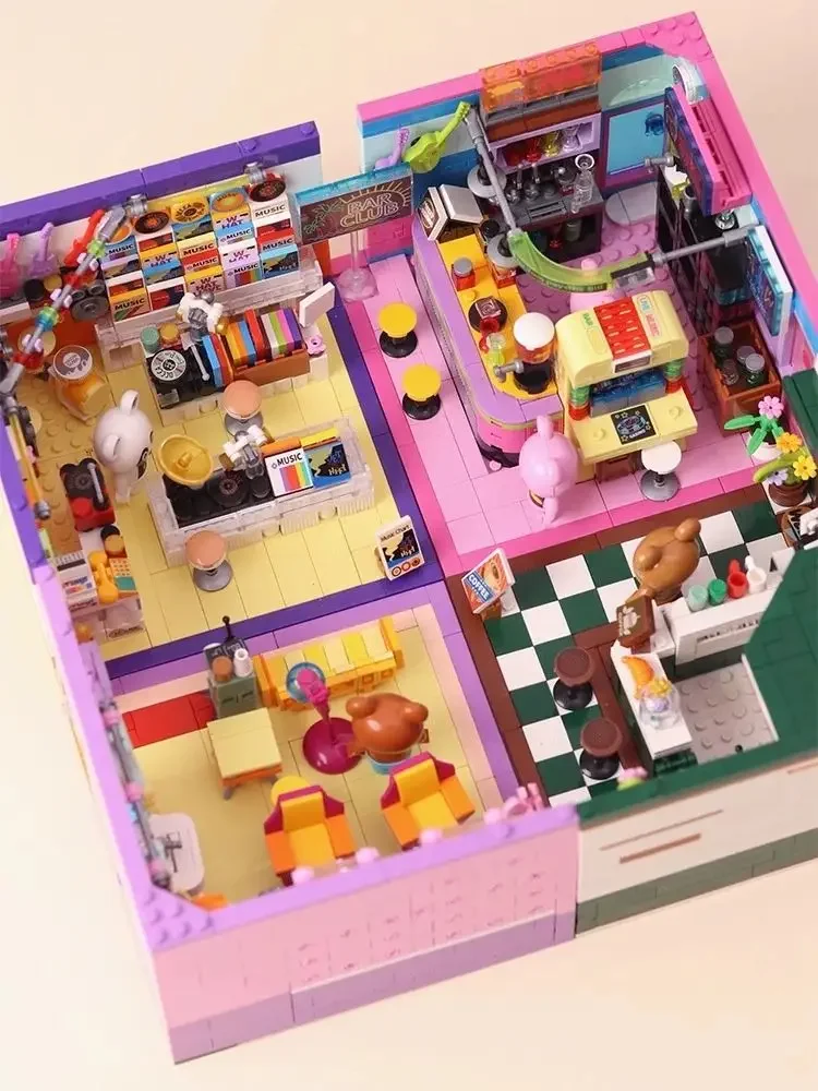 Mini City Street View Coffee Shop Bar Hair Salon Blocks Bricks Creative 3D Puzzle Room Model Toys Friends Children Birthday Gift