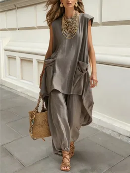 Women's Two-piece Sets Sleeveless Large Pockets Irregular Long Top Wide-leg Trousers Summer Casual Holiday Solid Color Suits 1