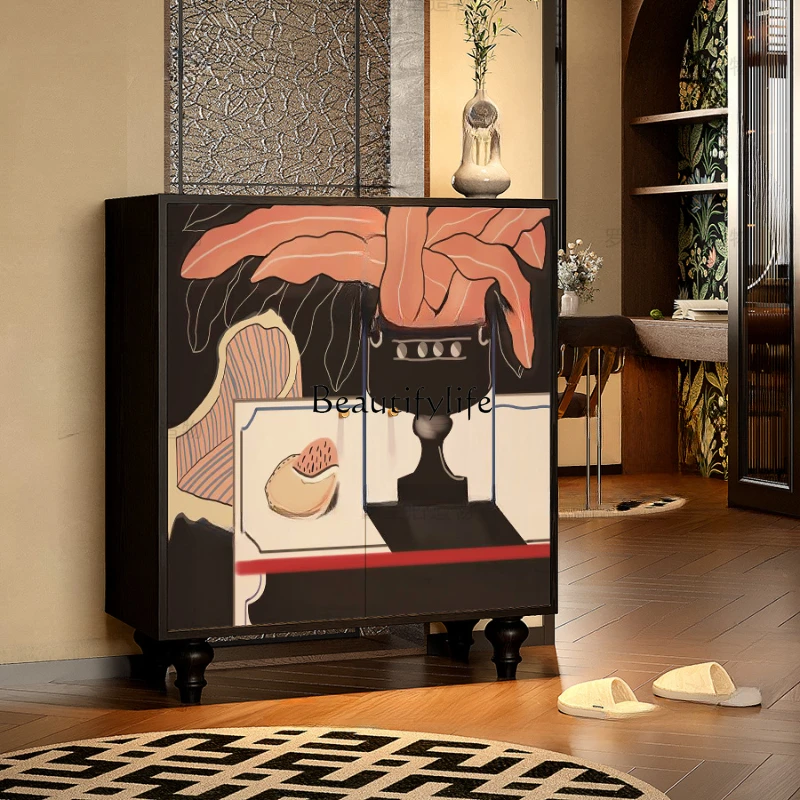 

French Entrance Solid Wood Shoe Cabinet Home Hallway Storage Corner Curio Cabinet Integrated Wall