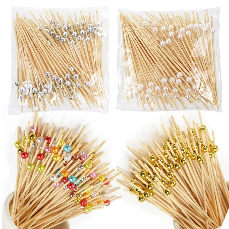 100 Pcs Cocktail Picks, Cocktail Toothpicks For Appetizers Fruit Sticks Handmade Wooden Cocktail Skewers Party Supplies Matt Gold Pearl