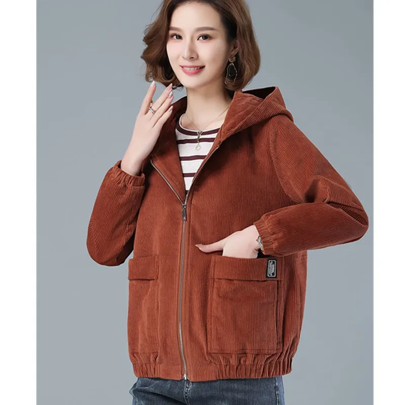 Corduroy Short Coat 4XL Women's 2023 Spring Autumn New Korean Loose Solid Hooded Jacket Fashion Casual Female Zipper Coat Tops