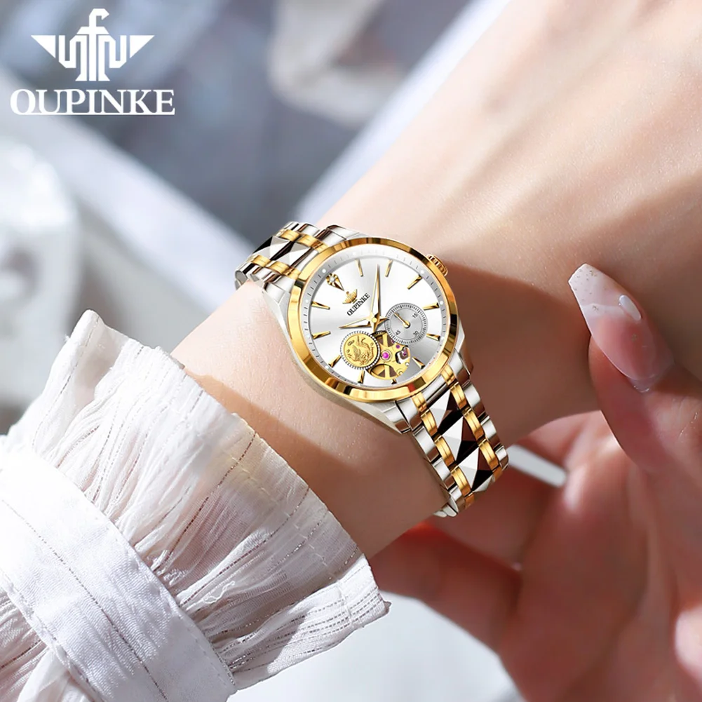 OUPINKE 3260 Real Diamond Watch For Women Japan Mechanical Movement Hollow Woman Watch Deep Waterproof Luxury Ladies Wristwatch