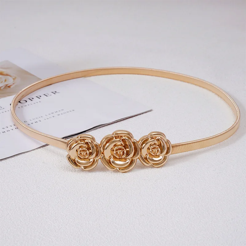 Elegant Rose Buckle Waist Chain - Women's Slim Elastic Metal Belt in Gold & Silver