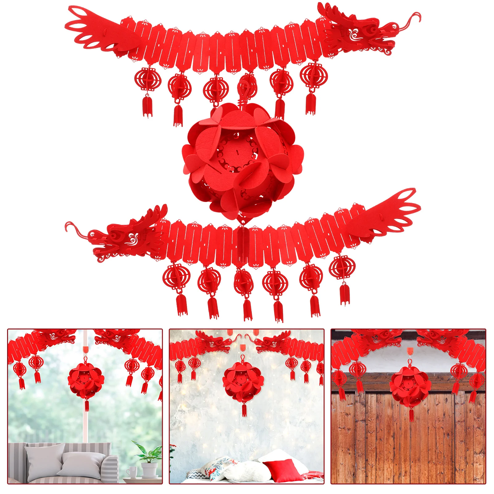 

Chinese New Year Decoration Paper Dragon with Red Lanterns Decorative Fabric Outdoor