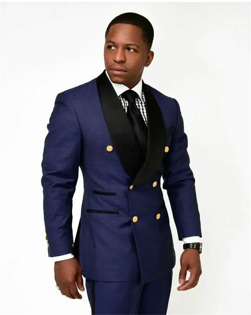 Navy Blue Mens Suits Slim Fit Groomsman Gold Button Double Breasted Party Tuxedo Groom Suit For Men Wedding Morning Blazer