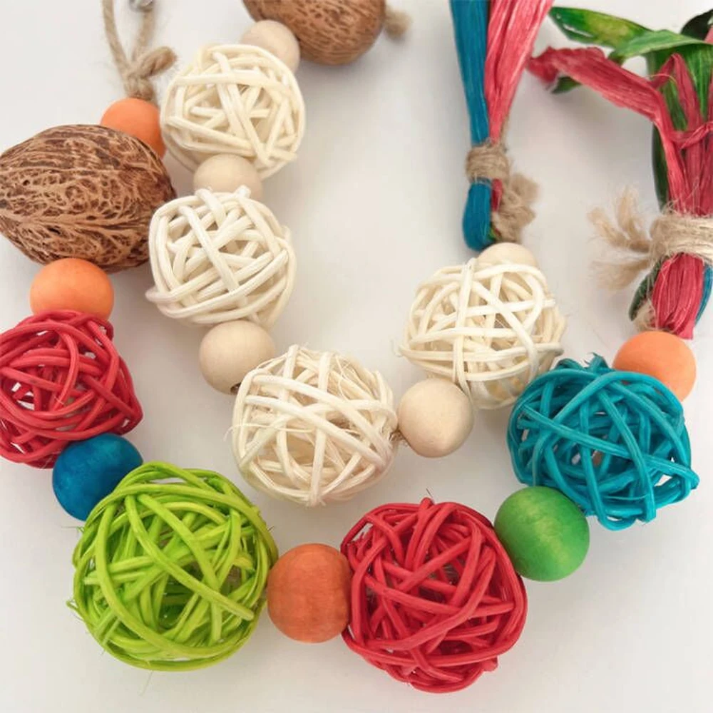 1pc Random Color Rattan Ball Bead Bite Toy Grinding Teeth Hanging Chew Toy for Parrot Bird Hamster Entertainment Cage Decoration