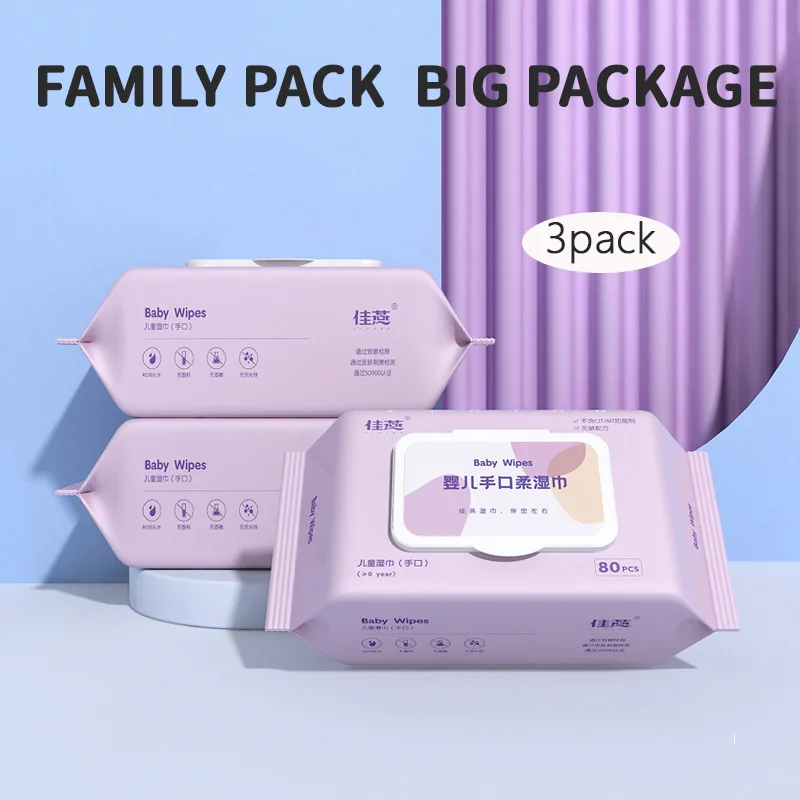 

3 pack (240 pcs) of hand, foot and mouth wipes, disposable wipes for on-the-go, gentle and unscented 99% pure water wipes