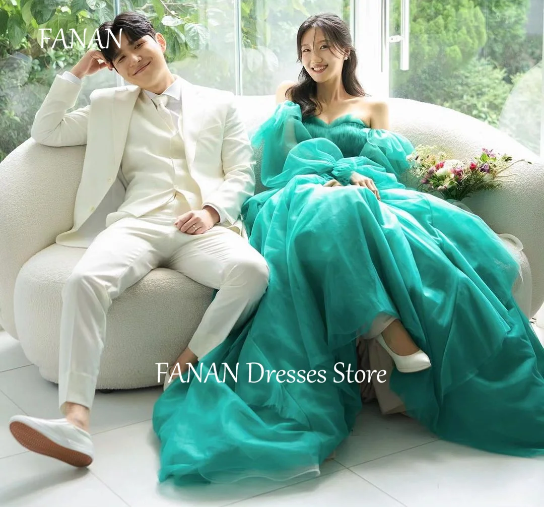 

FANAN A-Line Long Puff Sleeves Evening Party Dresses Korea Corset Tulle Green Wedding Women Formal Gowns Event Prom Gowns