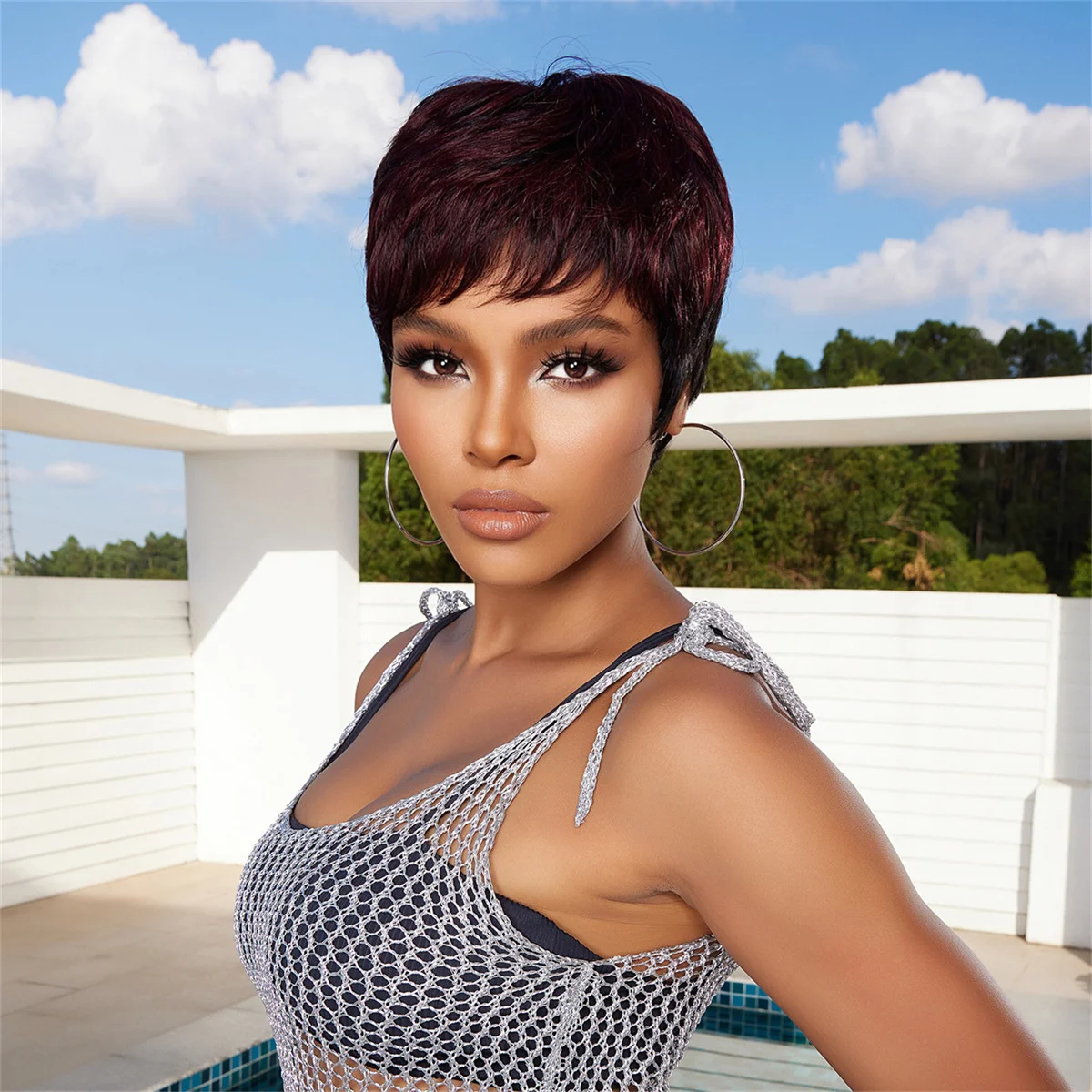 Short Pixie Cut Bob Human Hair Wigs Natural Black Remy Human Hair with Dark Wine Bangs 6inches Straight Wig for Afro Women Daily