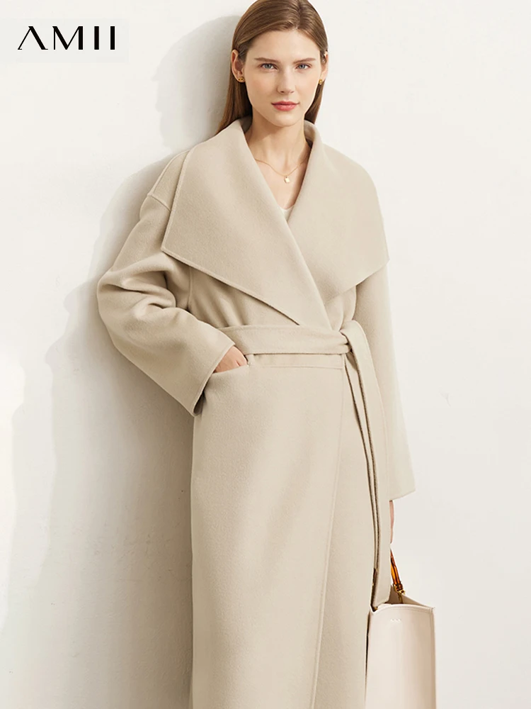 AMII abrigos minimalistas de para mujer, Abrigo largo con cuello vuelto, color liso, cálido, con cordones, 100%, 2022| | - AliExpress