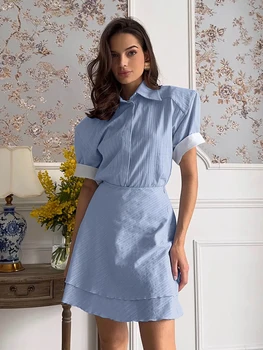 Marthaiqiq Cotton Ladies Sleepwear Suit Short Sleeve Nightgown Turn-Down Collar Nightwear Skirts Casual Femme Pajama 2 Piece Set