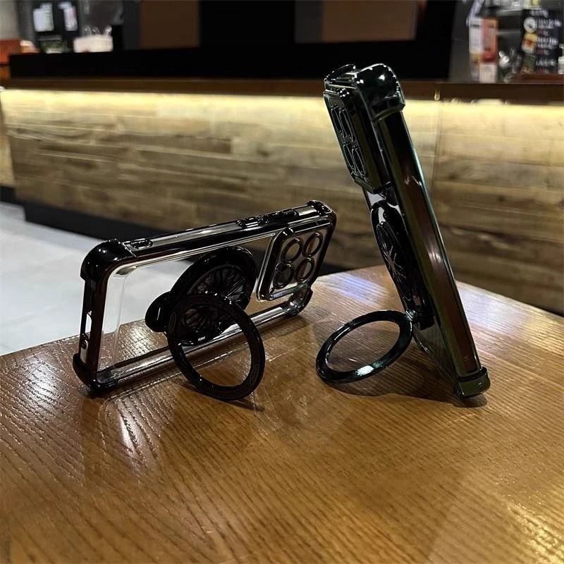 Deluxe Transparent Electroplated Stand Phone Case with Four-Corner Anti-Fall Protection