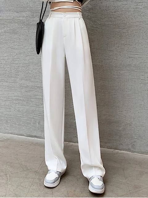  White Pants Suit for Women High Waist Adjustable Baggy