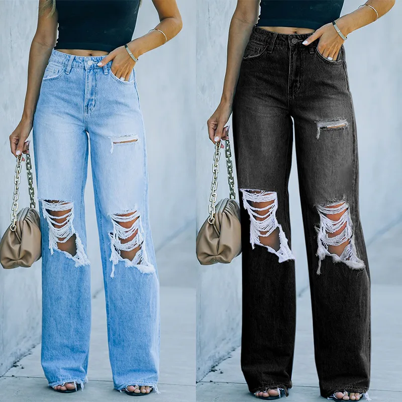 Women High Waisted Baggy Ripped Jeans Boyfriend Fashion Large