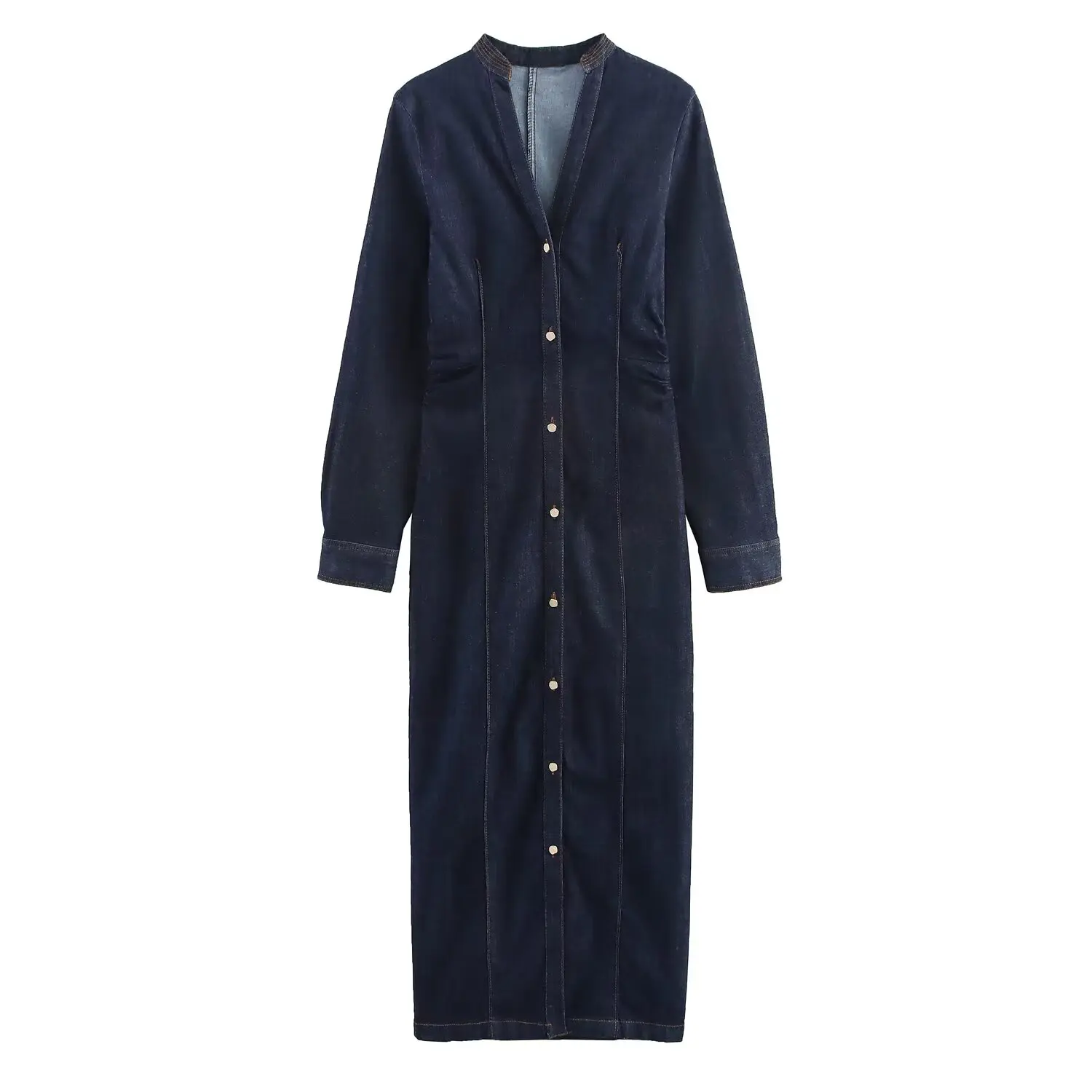 Women Elegant Denim Dress Long Sleevev-Neck Single-Breasted Dress Female Dress Pleated Design Casual Autumn Dress Streetwear