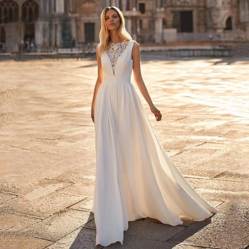 

New Arrival A Line Chiffon Wedding Dress 2023 Elegant O Neck Sequin Applique Long Pleated Bridal Gown Buttons Boho Bride Dress