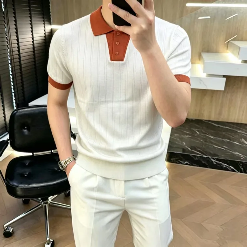 Polo in maglia di lusso estiva 2026 da uomo, a maniche corte, casual, elegante, con inserti, per affari e occasioni sociali, abbigliamento uomo