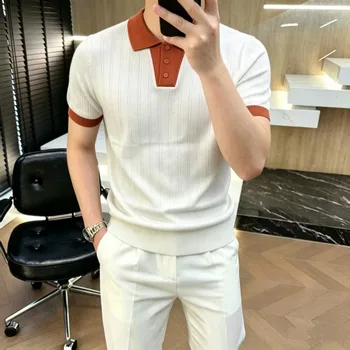 Polo in maglia di lusso estiva 2026 da uomo, a maniche corte, casual, elegante, con inserti, per affari e occasioni sociali, abbigliamento uomo