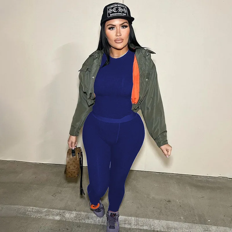 Women's Autumn Ribbed Sexy Y2k Clothes 2 Pieces Long Sleeve O-neck Crop Top High Waist Skinny Pants Matching Set Club Streetwear
