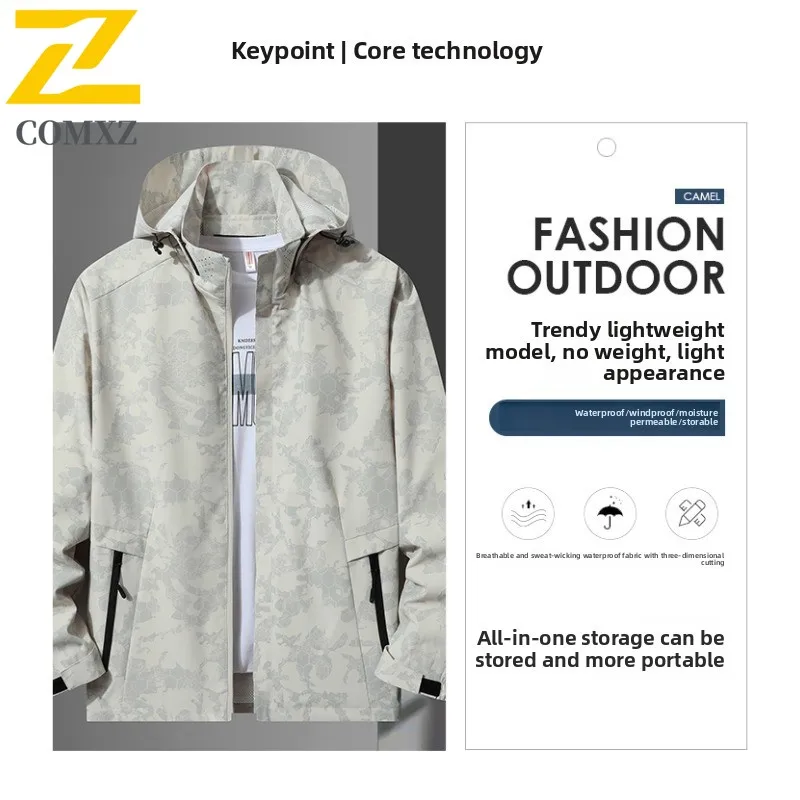 Men Outdoor Thermal Windbreaker Windproof Rainproof Fleece Lined Mountaineering Coat with Detachable Hood Spring Autumn Hiking