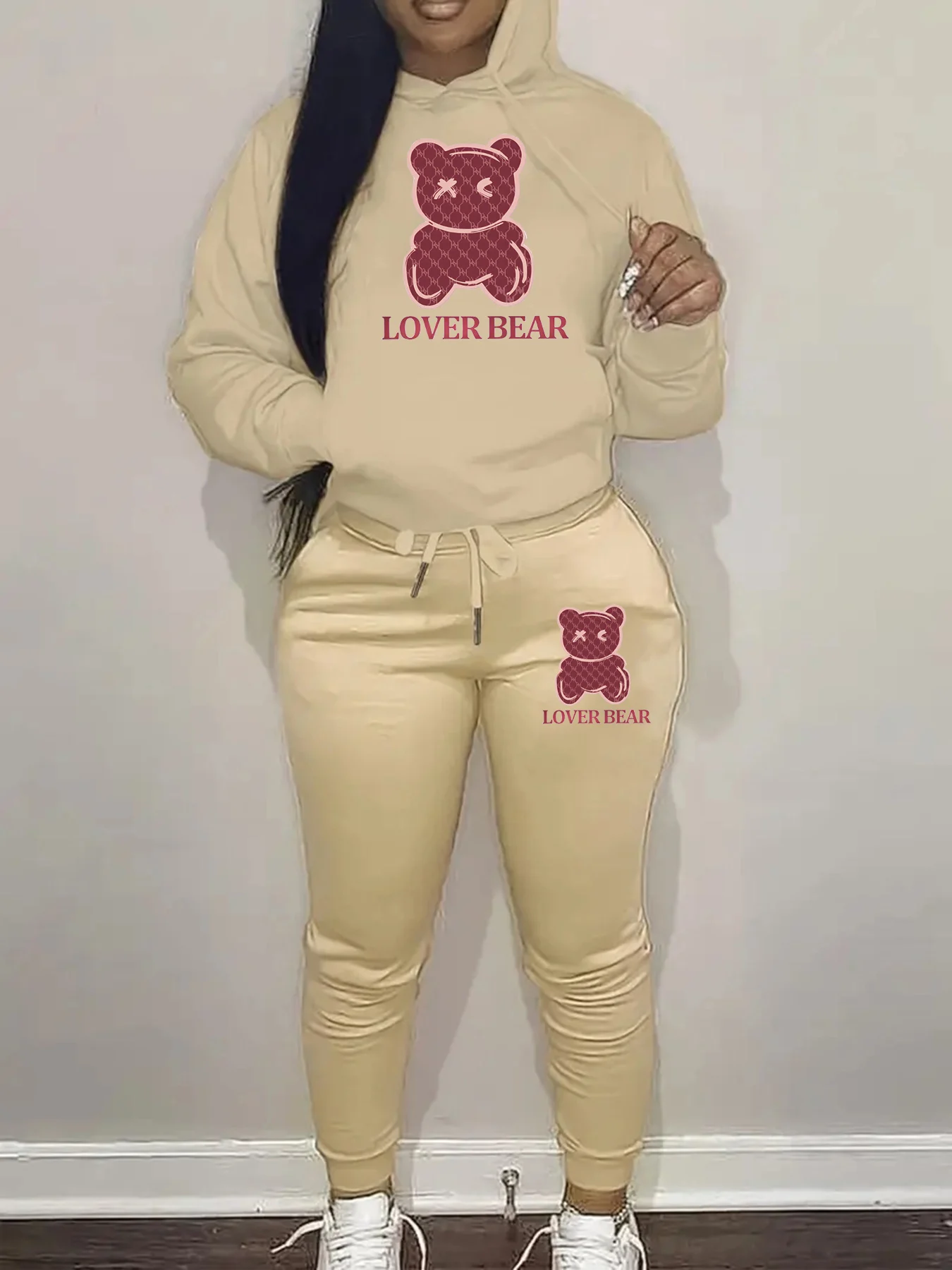 Women's Autumn/Winter Fashion Casual Cartoon Bear Pattern Printed Thick Warm Hoodie+Sports Pants Set 3