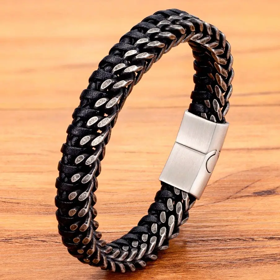 XQNI Luxus Vintage Handgemachte Leder Geflecht Männer Armband Edelstahl Schnalle Business männer Armreifen Für Freund Partner Liebhaber