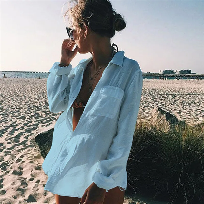 Shirt-type Beach Blouse Sexy Cardigan Sunscreen Shirt Holiday Bikini Blouse Spring and Summer Seaside Fashion Leisure Romance G1