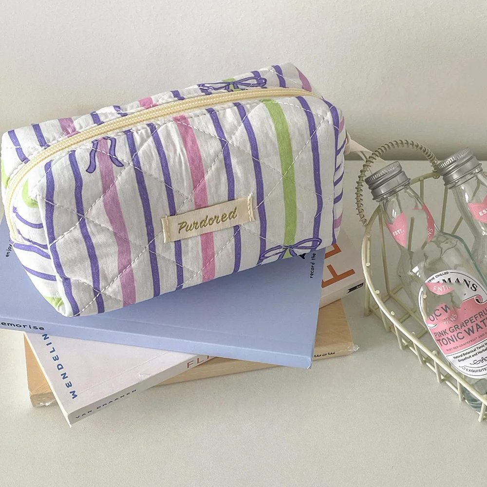 Persönlichkeit Streifen Bowknot Frauen Kosmetik Tasche Tragbare Einfache Quilten Tasche Reise Große Kapazität Make-Up Lagerung Handtasche – Detail 7