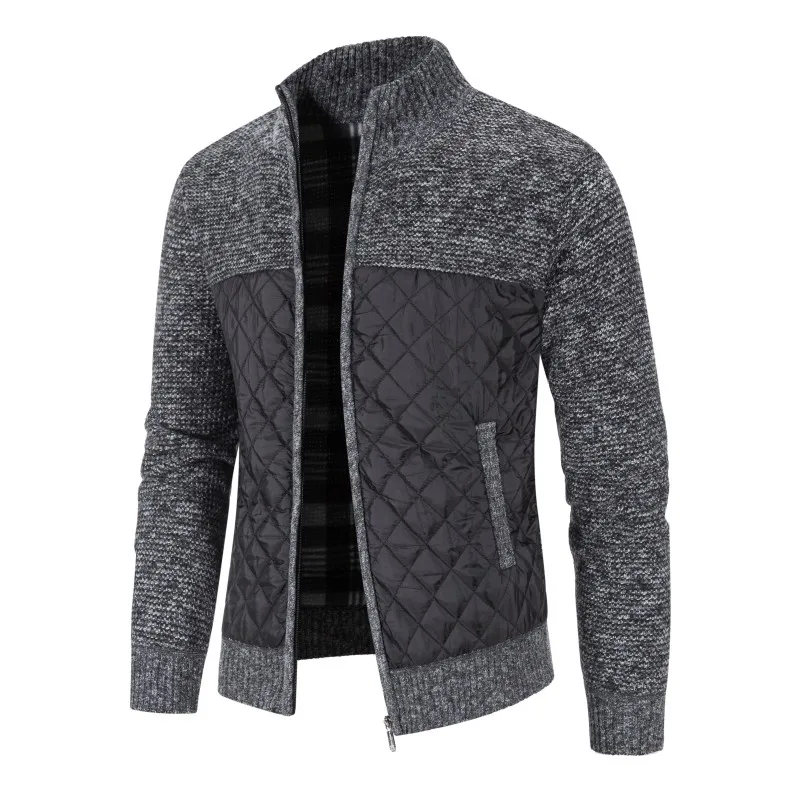 Neue Herbst Winter Männer Jacke Mantel Strick kleidung Patchwork Stand Kragen lange Ärmel warme Reiß verschluss Freizeit jacken Herren bekleidung – Detail 6