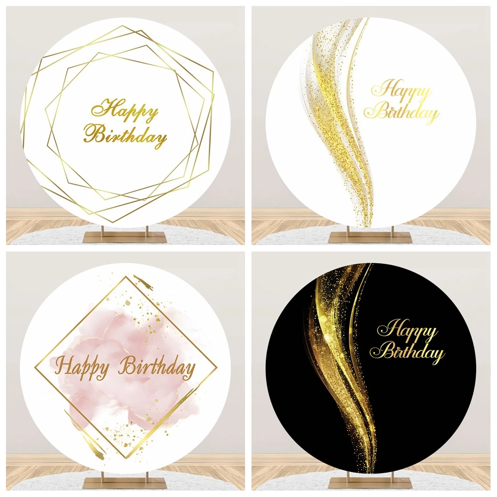 Golden Diamond Happy Birthday Party Blue Headboard Texture Round Photography Background Name Custom Adult Birthday Backdrop