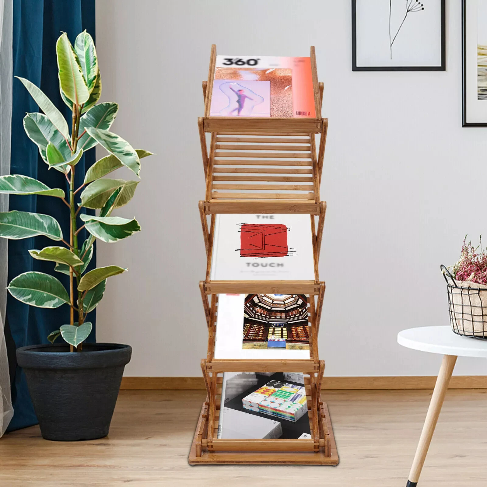 Bamboo Pop-up Magazine Rack, Literature Display Holder Stand 2