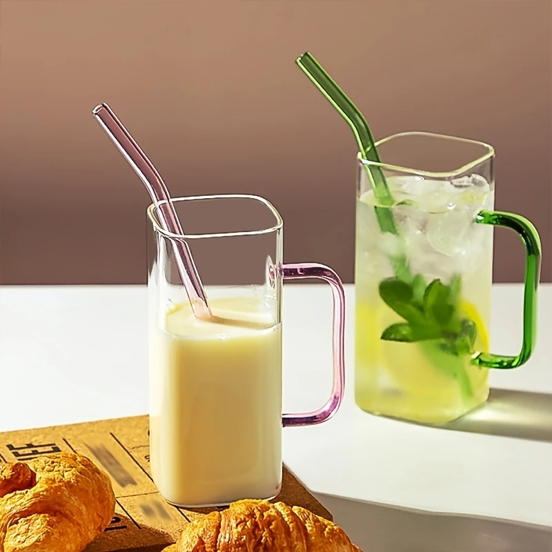 Clear Colorful Handle Square Glass Cup With Bamboo Lids And Straw  Borosilicate Glass Milk Juice Coffee Mug 400ml 13.5oz