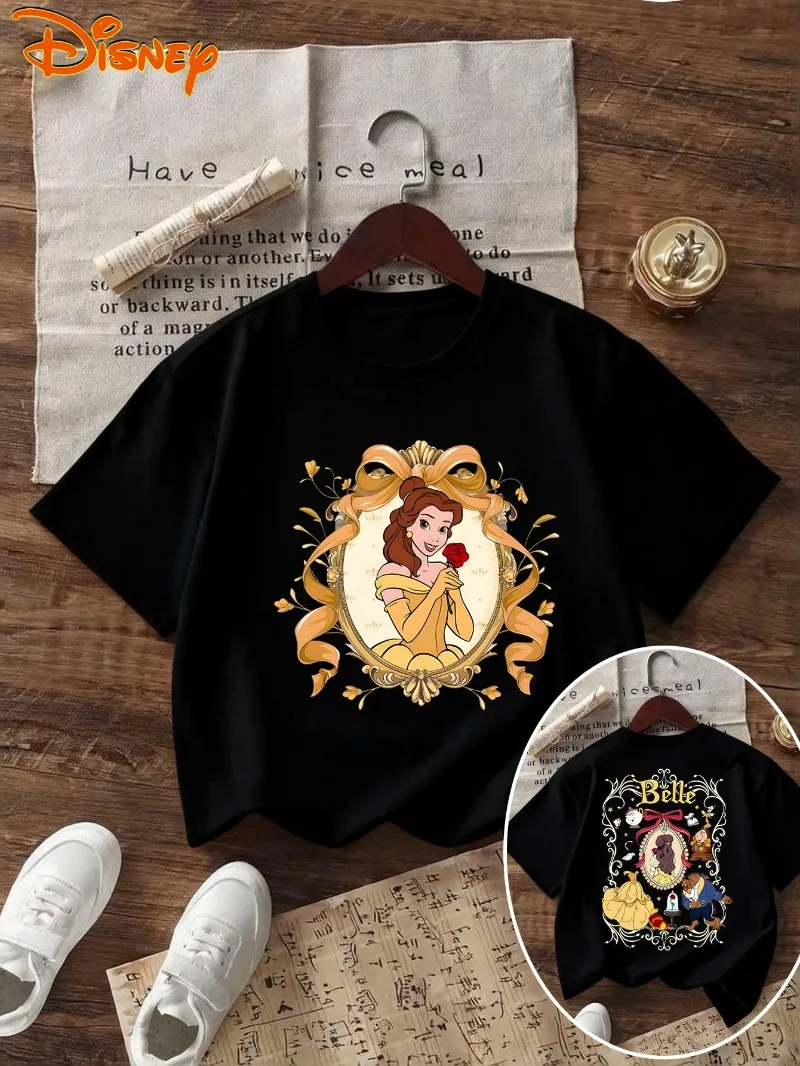 디즈니 코튼 티셔츠 미녀와 야수 벨 로즈 매직 크라운 프린트 반팔 여름 패션 캐..