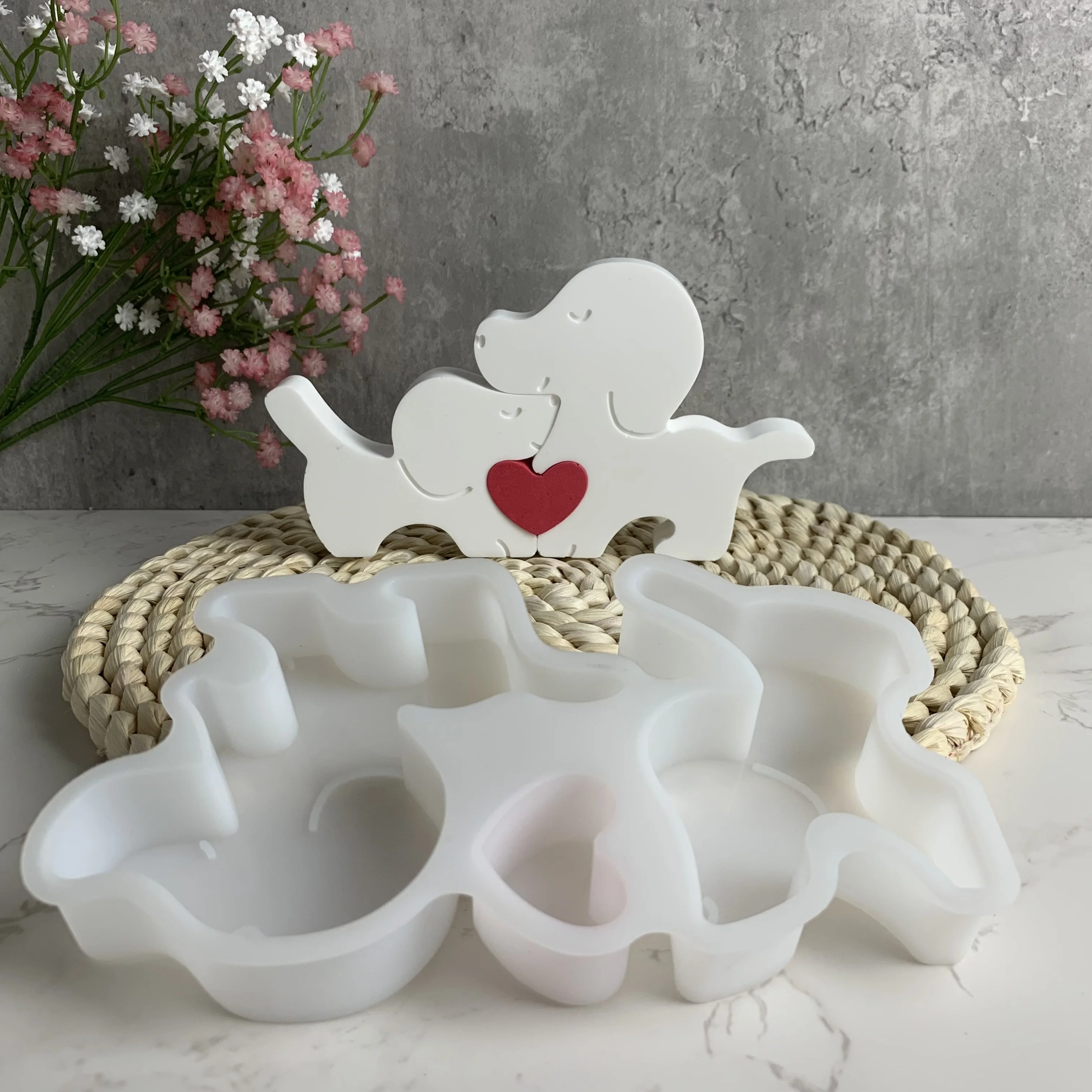 Puppy Ornament Insert Silicone Mold Dog Couple Love Mould Plaster Cake Candle Molds Soap Resin Clay Mold Craft Supplies silicone mold
