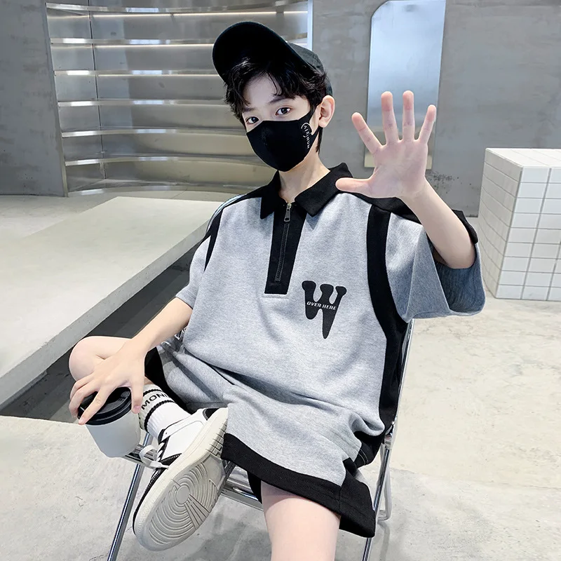 소년 코튼 알파벳 하프 지퍼 프레피 티셔츠 상의 및 반바지, 학교 어린이 운동복, 어린이 운동복 세트, 5-16 세, 2 피스, 여름