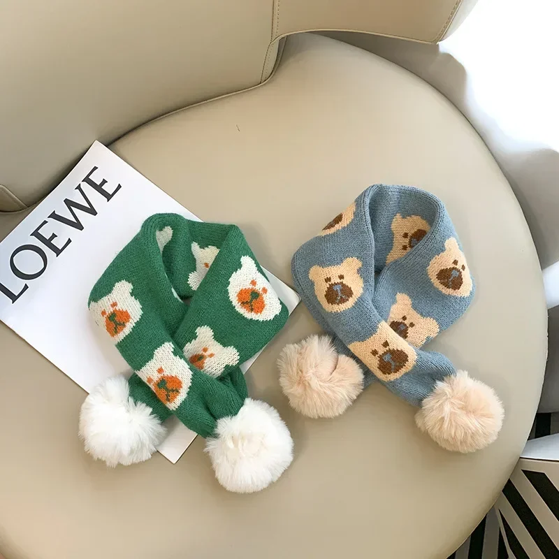 Children's Scarf Winter Trendy New Baby Knitted Wool Scarf Cross Hairball Versatile Windproof Boys and Girls' Neck