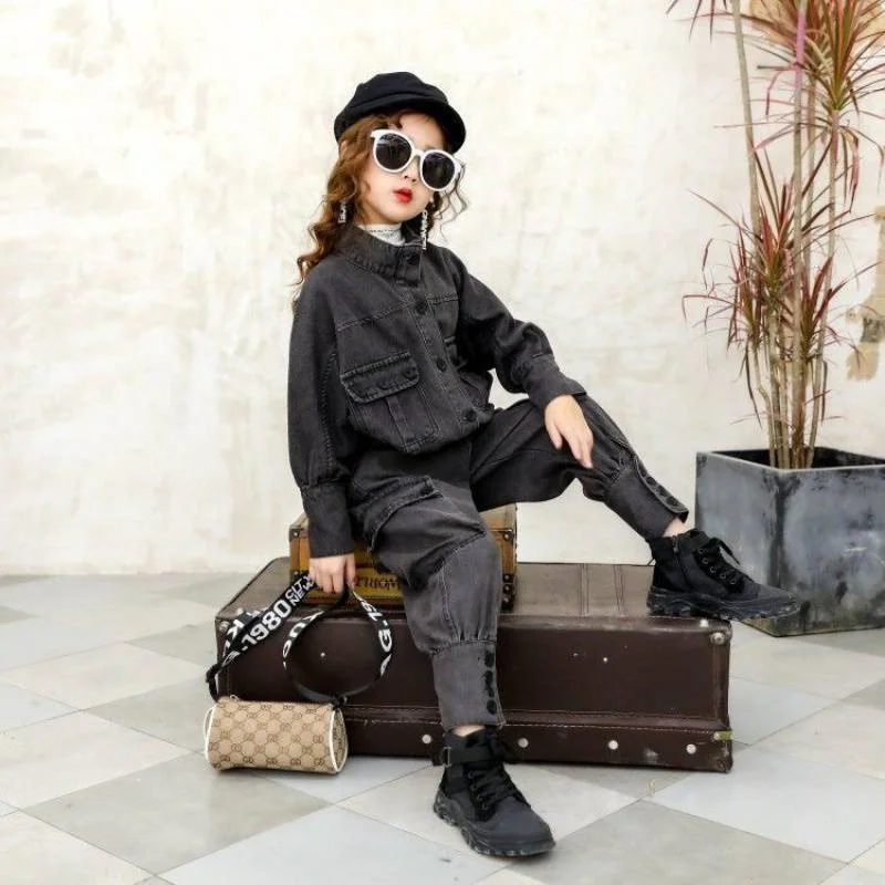 

Girls Suit Coat+Pants Cotton 2Pcs/Sets 2022 Jean Spring Autumn Thicken High Quality Uniforms Kid Baby Children Clothing Sets