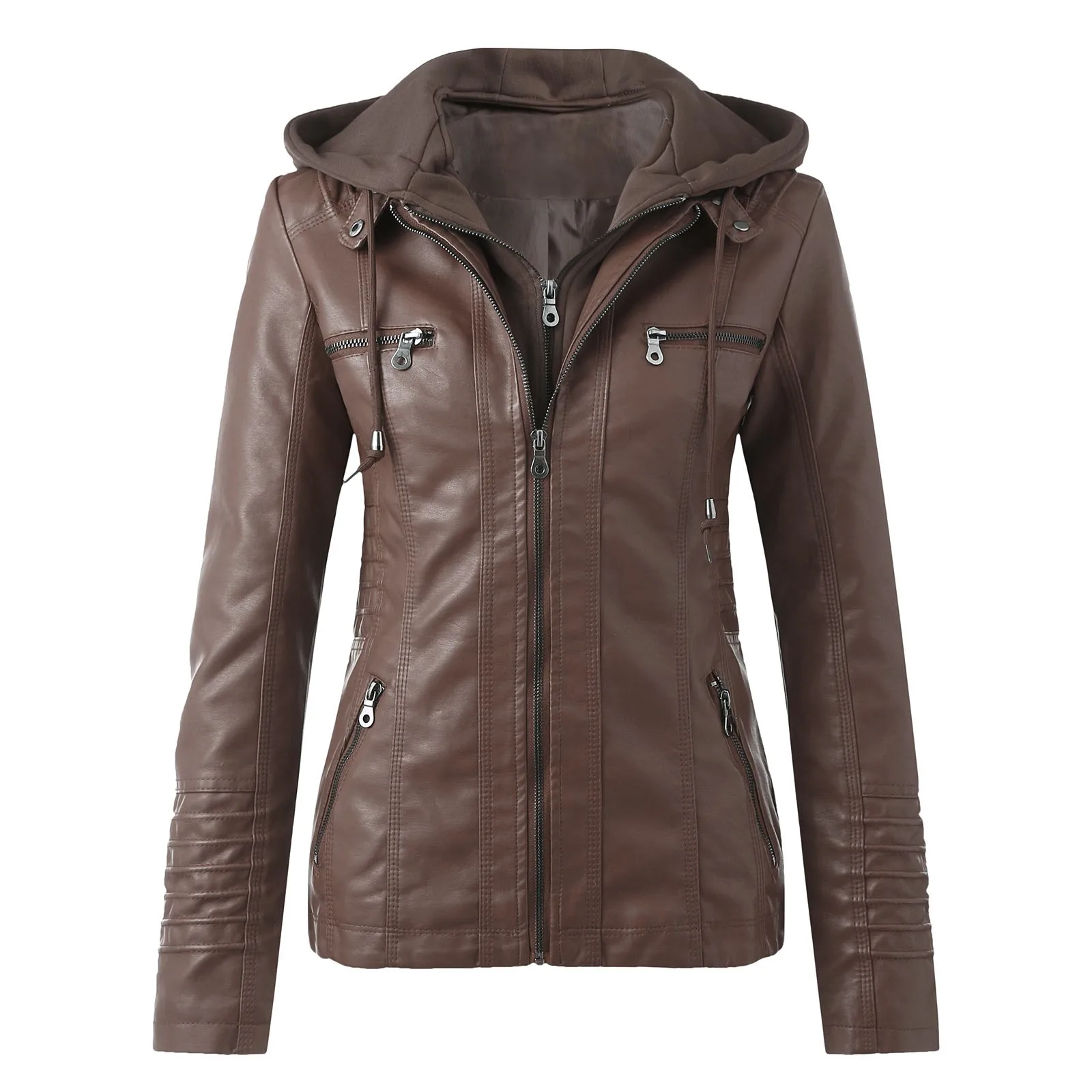 Long Down Jacket Ladies Leather Slim Zip Belt Tops Stand Collar Jacket Suit Women'S Motorcycle Outwear Coats