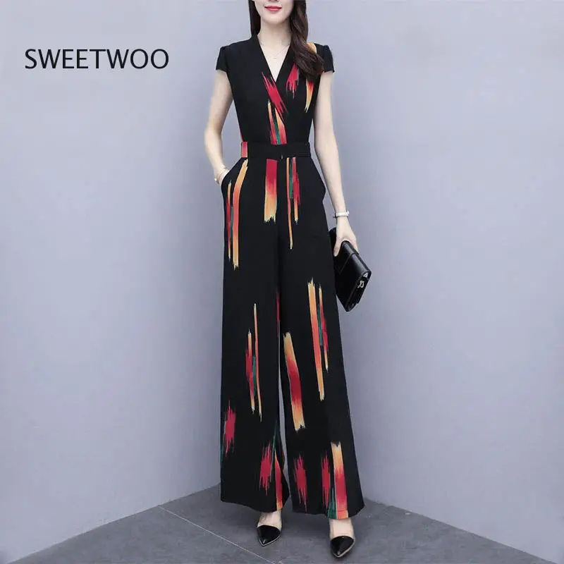 Fashion Casual Jumpsuit V-Neck Women Elegance 2022 Summer New Print Bodysuit High Waist Wide Leg Pants Ladies Playsuit Romper