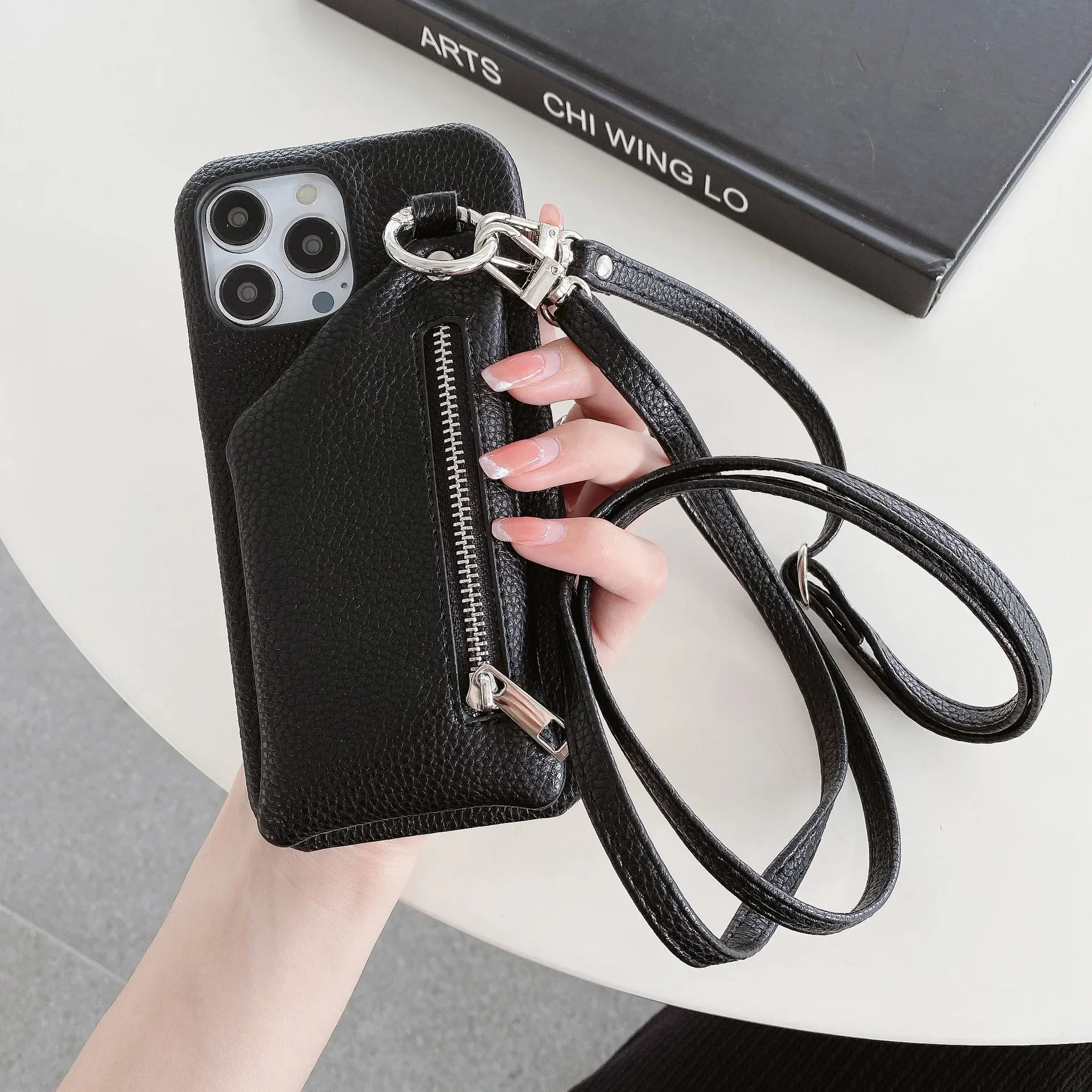 Zipper Wallet Crossbody Lanyard Phone Case with Card Pocket and Coin Purse in Leather