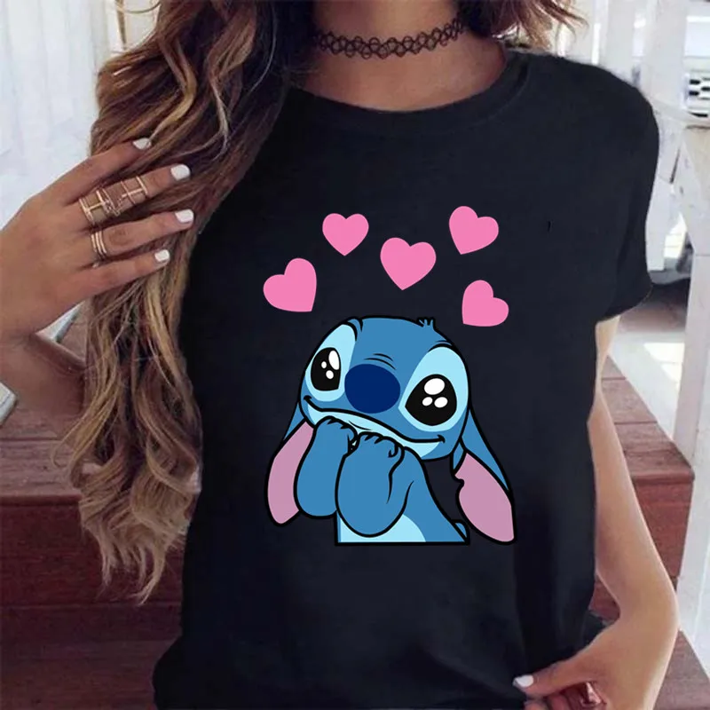 

Kawaii Disney Lilo Stitch T Shirt Women Summer Tops Cartoon Stitch Hearts Graphic Print Tees Cute Disney Anime T-shirt Female