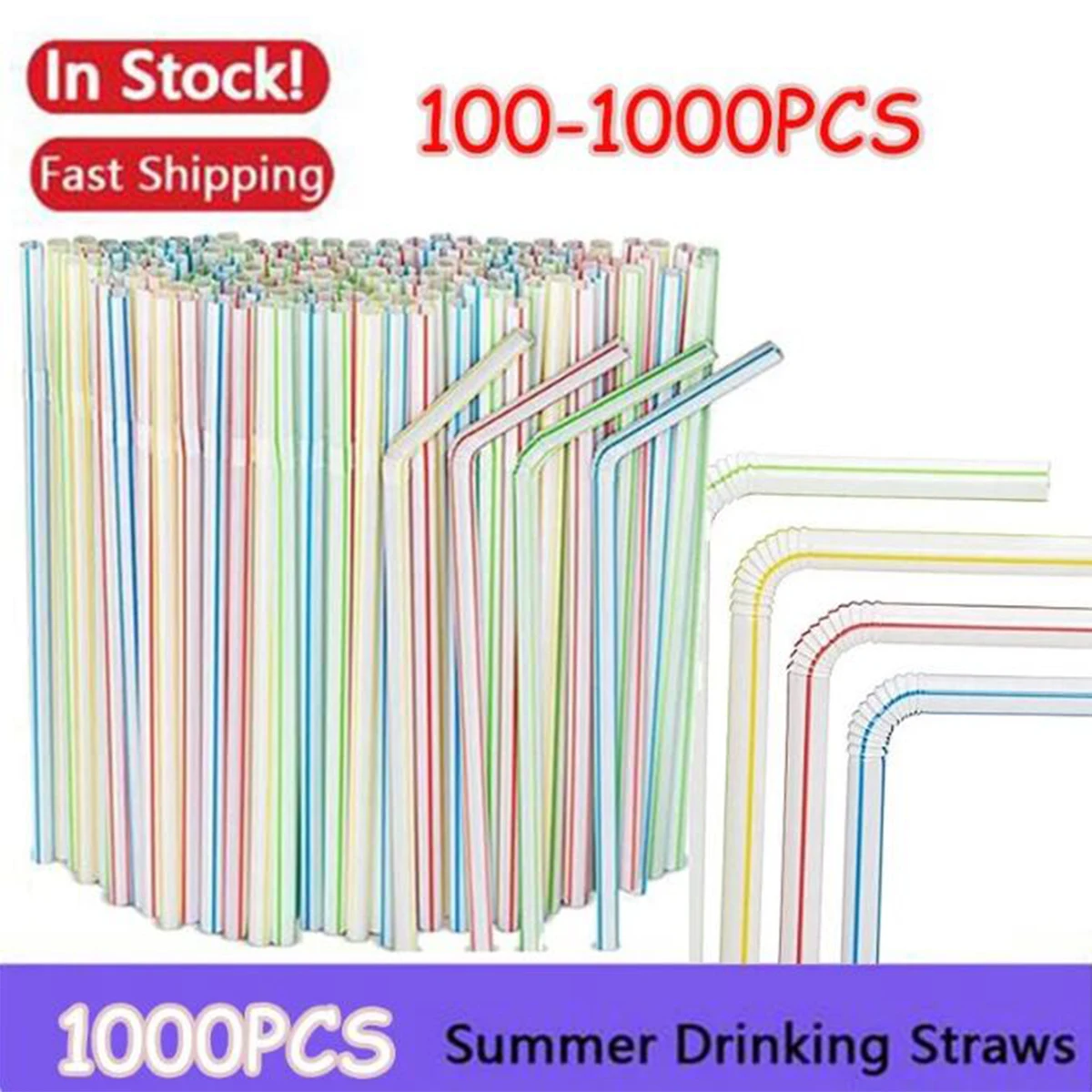 Disposable Plastic Straws 100-1000PC Fluorescent Plastic Bendable Drinking Straws Disposable Beverage Straws Wedding Decor Kitchen Beverage Party Supplies